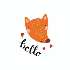 Foto op Canvas Hand drawn vector illustration of a cute funny fox face, with hearts, lettering quote Hello. Isolated objects. Scandinavian style flat design. Concept for children print. © Maria Skrigan