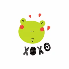 Foto op Aluminium Hand drawn vector illustration of a cute funny frog face, with hearts, lettering quote XOXO. Isolated objects. Scandinavian style flat design. Concept for children print. © Maria Skrigan