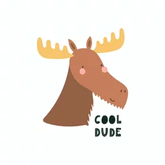 Zelfklevend Fotobehang Hand drawn vector illustration of a cute funny moose face, with lettering quote Cool dude. Isolated objects. Scandinavian style flat design. Concept for children print. © Maria Skrigan
