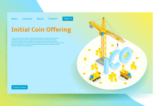 Isometric ICO concept web banner. Modern Concept of Initial Coin Offering Technology. Vector Illustration with tower crane and trucks.