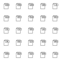 File formats outline icons set. linear style symbols collection, line signs pack. vector graphics. Set includes icons as css format document, png , java, bin , xlsx , mp4 , flac, svg , mkv , txt mp3 
