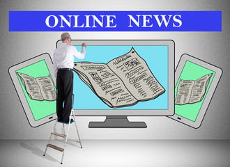 Online news concept drawn by a man on a ladder