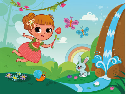 Vector illustration of cute fairy in nature. 
