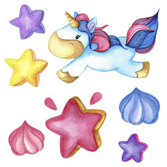 set with cartoon watercolor unicorn and stars and candies isolated on white background