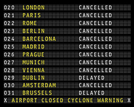 Flight information on airport displaying cancelled flights during a cyclone, vector