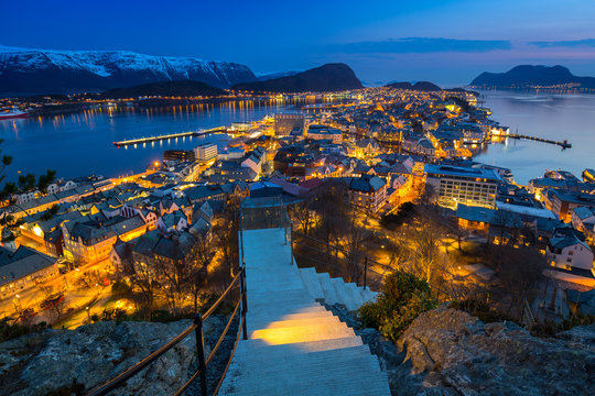Beautiful Alesund town at night in Norway