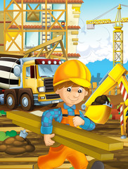 Fototapeta na wymiar cartoon scene with worker on construction site - builder doing different things - holding planks - illustration for children