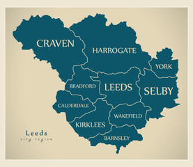 Modern City Map - Leeds city of England with boroughs and titles UK