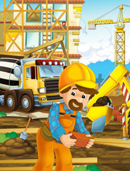 Plakat cartoon scene with workers on construction site - builders doing different things - illustration for children
