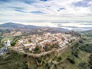 Aerial view of historic Monsaraz and lake on Guadiana river, Alentejo, Portugal