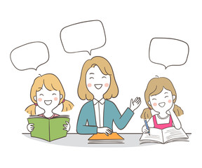 Vector illustration character design happy students and teacher speaking speech bubble for school Draw doodle cartoon style