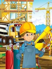 Plakat on the construction site different workers doing their jobs - welder - illustration for children