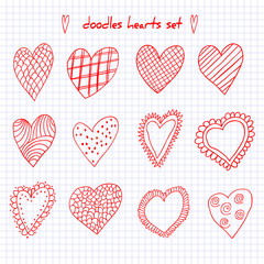 Set of hand drawn sketch doodle hearts on the checkered notebook sheet. Vector illustration for for Valentines Day design