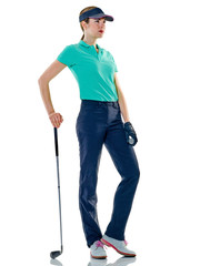 one caucasian woman woman golfer golfing in studio isolated on white background