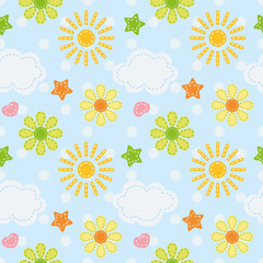 Fototapeta na wymiar Vector baby seamless pattern sun, clouds and flowers