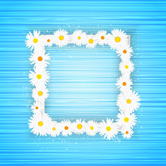 Vector square floral frame with lights effect on bright light blue background. Shining banner with stars and glitter. Vector template