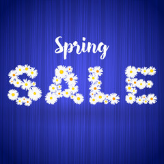 Spring Sale floral banner template with lights effect on bright blue background. Vector illustration for advertising, coupon, flyer, header. Feminine sale tag.