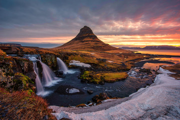 Spectacular sky above the scenery and waterfalls, Kirkjufell Mountain, Iceland.