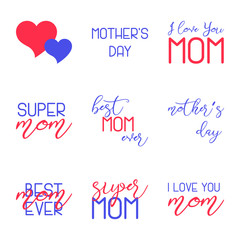 Mothers Day Lettering Calligraphic Emblems Set. Isolated on black vector illustration. Happy Mothers Day, Best Mom, Love You Mom Inscription. Vector Design Elements For Greeting Card and Other Print