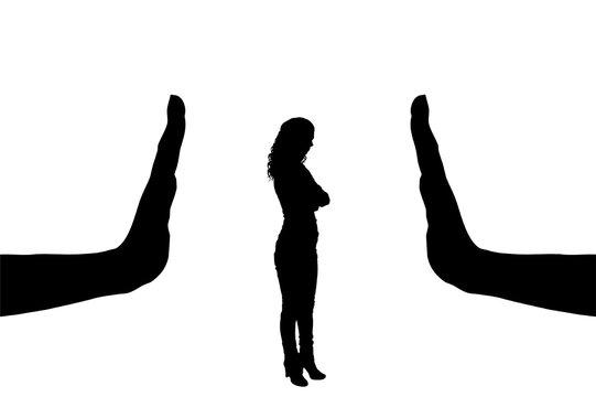 Vector silhouette of a female worker and gesture of a big hand stop