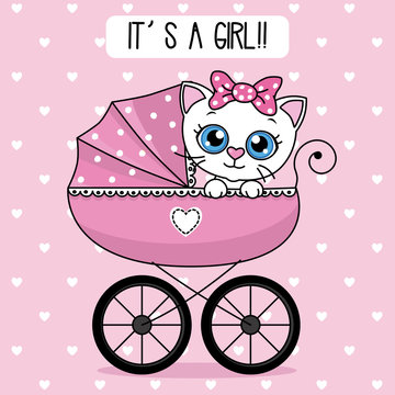 baby shower card. cat inside baby stroller