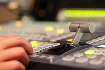Switcher buttons in studio TV station, Audio and Video Production Switcher of Television Broadcast.