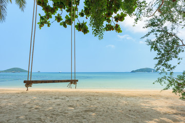Tropical beach and swing under trees.