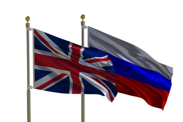 Silk waving flags of UK (United Kingdom, Great Britain, England) and  Russia (Russian Federation) with flagpole  on white background. 3D illustration.