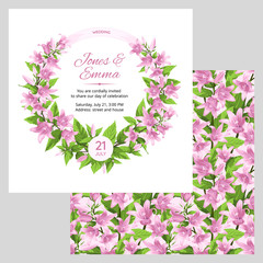 Cover of wedding invitation and seamless pattern. Campanula - Pink Flowers on White Background.