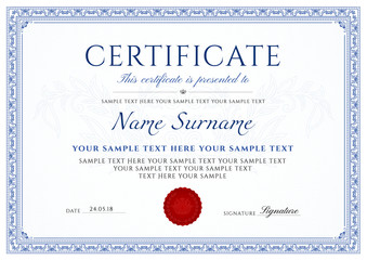 Certificate, Diploma of completion (design template, white background) with blue Frame, Border, light Guilloche pattern (watermark)