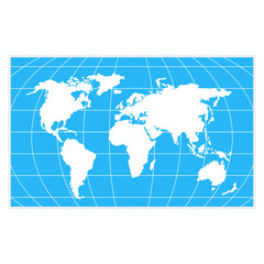 White world map on a blue background. Flat vector cartoon illustration. Objects isolated on white background.