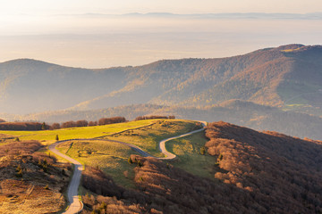 French landscape - Vosges. View from the Grand Ballon in the Vosges (France) towards the Jura and Alps in the early morning. - obrazy, fototapety, plakaty