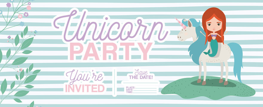 mermaid with unicorn invitation card vector illustration design