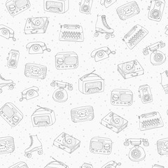 Hand drawn vector retro seamless pattern with antique tech, radio, typewriter, roller skates and vinyl record player contours on the dotted background. Usable for flea markets and shops.