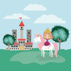 Obraz na płótnie Canvas princess with unicorn in the camp and castle vector illustration design