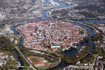 Obraz premium Aerial Picture of the Hanseatic City of Lübeck (Luebeck) – Germany 