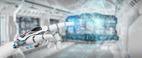 White cyborg hand using planet Earth interface 3D rendering