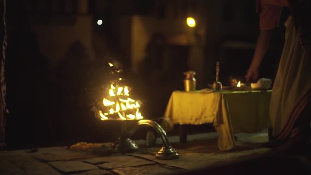 Burning Oil Lamp during Hindu Aarati ritual - Pashupatinath Temple, Kathmandu