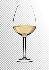 Transparent realistic vector wineglass full of white wine with bright saturated straw colored amber. Illustration in photorealistic style.