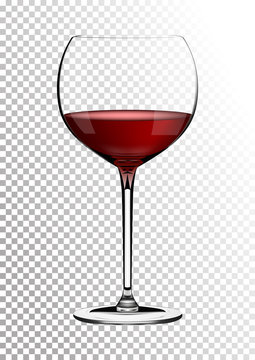 Transparent realistic vector wineglass full of red wine rich dark ruby burgundy color. Illustration in photorealistic style.