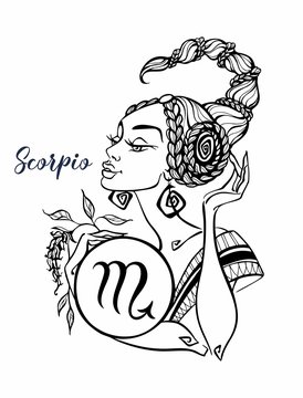 The Scorpio astrological sign as a beautiful girl. Horoscope. Astrology. Coloring. Vector