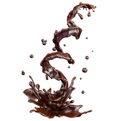 Melted liquid dark chocolate or chocolate sauce swirl 3D splashes isolated on white background. Hot melt milk chocolate syrup cream mass. Liquid cocoa or chocolate whirl splash template design element