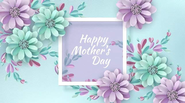 Abstract Festive Background with Flowers and a Rectangular Frame. Happy Mother's Day. Women's Day, March 8. Paper cut Floral Greeting Card. Vector illustration