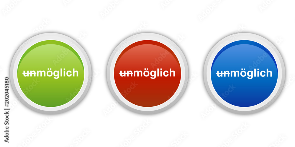 Sticker rundes button set grün rot blau - un/möglich