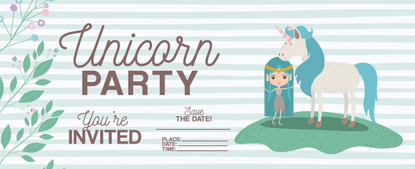 fairy with unicorn invitation card vector illustration design