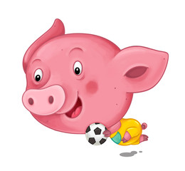 cartoon scene with happy funny and young pig playing football - on white background - illustration for children