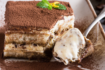Tiramisu Cake Traditional Italian Dessert with Mascarpone Cheese and Espresso Coffee