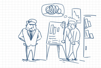 Angry Boss Looking At Report Or Sales Results On Clip Board During Business Man Presentation Doodle Vector Illustration