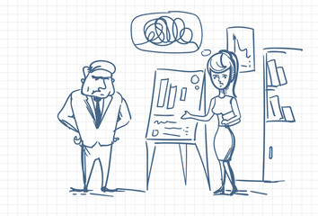 Angry Boss Looking At Report Or Sales Results On Clip Board During Business Woman Presentation Doodle Vector Illustration