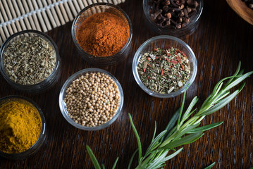 Fresh basil and dry set of spices. place for text